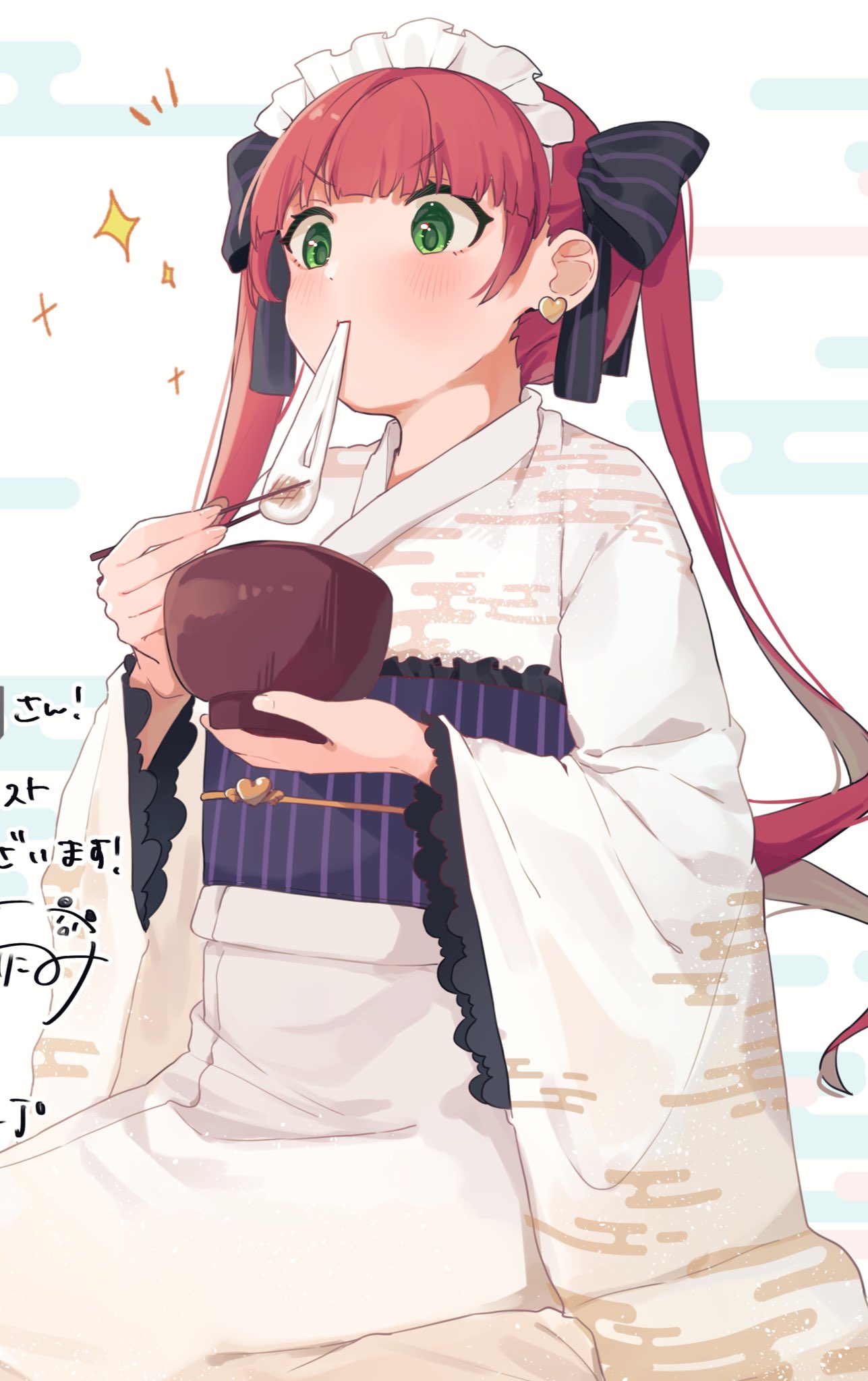 1girl, bowl, eating, food, food_in_mouth, green_eyes, harikomi, highres