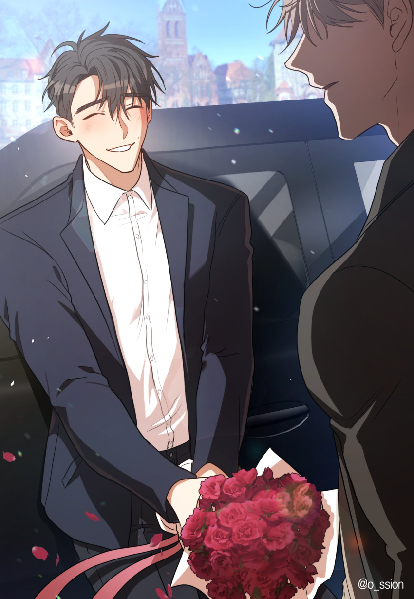 2boys, absurdres, black_car, black_coat, blush, bouquet, brown_hair, car