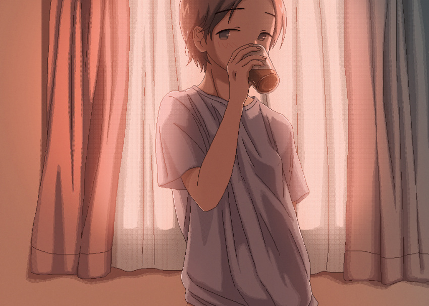 1girl, androgynous, backlighting, brown_eyes, brown_hair, cup, curtains, drinking