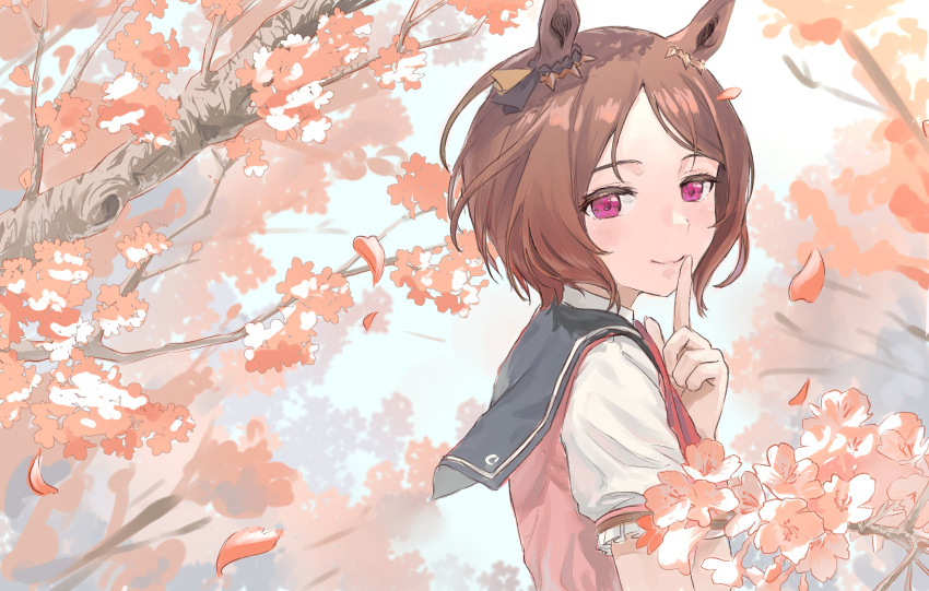 1girl, absurdres, bob_cut, brown_hair, cherry_blossoms, ear_ornament, esubui, flower_in_eye, from_side, highres, horse_girl, index_finger_raised, parted_bangs, sailor_collar, sakura_laurel_(umamusume), short_hair, short_sleeves, solo, symbol_in_eye, umamusume, upper_body, violet_eyes