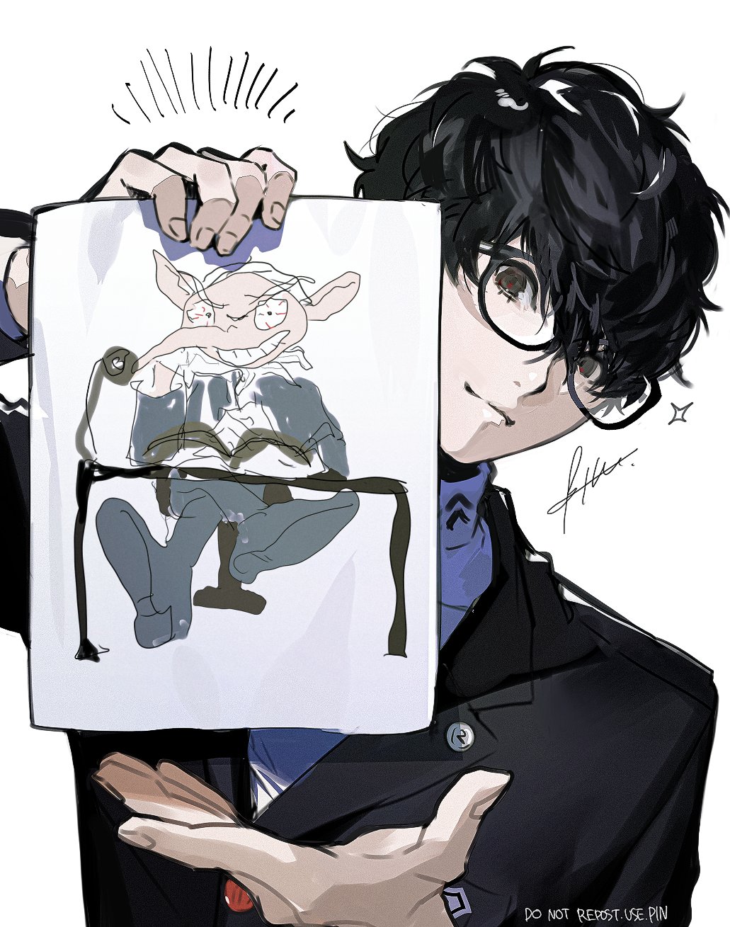 1boy, amamiya_ren, black-framed_eyewear, black_eyes, black_hair, black_jacket, btmr_game, child's_drawing