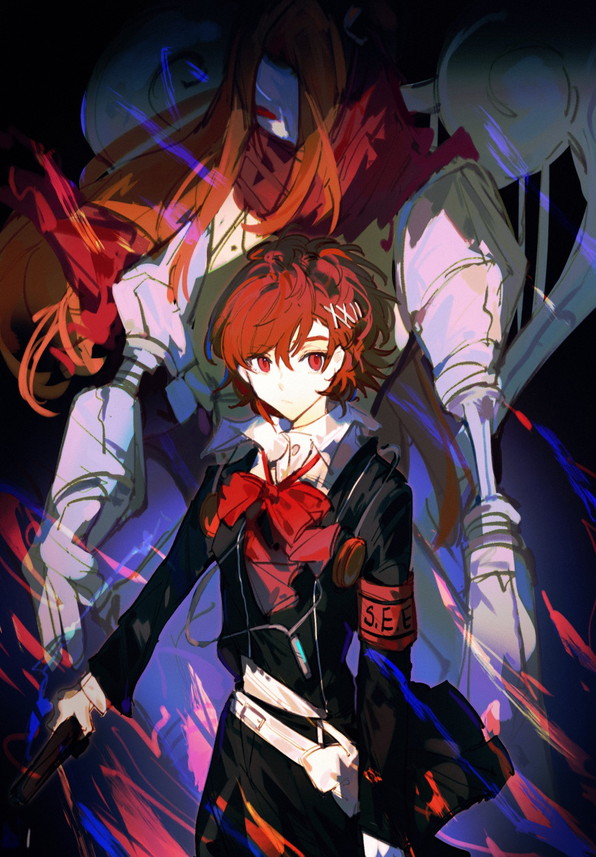 1girl, absurdres, armband, black_jacket, black_skirt, bow, bowtie, brown_hair