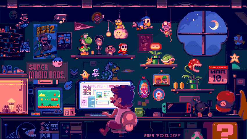 1boy, ?_block, animated, animated_gif, bowser, bullet_bill, calendar_(object), chain_chomp, computer, donkey_kong_(game), donkey_kong_(series), drinking, facial_hair, fish_tank, goomba, hat, hat_removed, headwear_removed, highres, indoors, kamek, keyboard_(computer), luma_(mario), mario, music_box, mustache, nintendo_switch, pixel_art, pixel_jeff, princess_peach, short_hair, sitting, star_(sky), super_mario_bros., super_mario_bros._1, super_mario_bros._2, super_mario_galaxy, toad_(mario), video_game, window, yoshi, yoshi_egg
