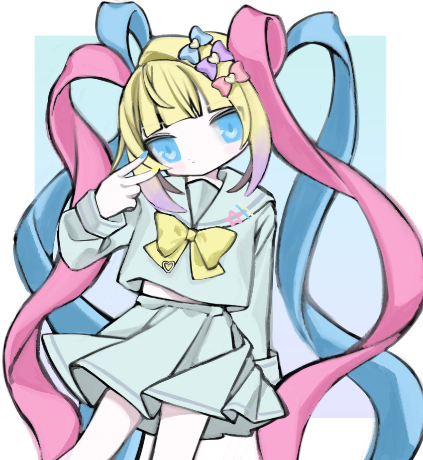 1girl, blonde_hair, blue_bow, blue_eyes, blue_hair, blue_nails, blue_shirt, blue_skirt