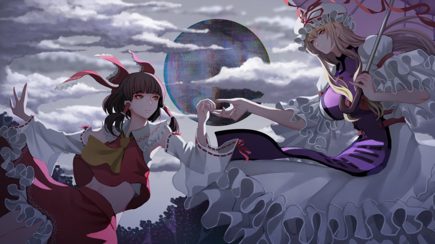 2girls, arm_strap, ascot, backlighting, blonde_hair, blunt_bangs, breasts, brown_hair, clouds, cloudy_sky, curious, detached_sleeves, distortion, dress, finger_touching, fingernails, flat_chest, floating, floating_hair, forest, frilled_dress, frilled_hair_tubes, frilled_ribbon, frilled_shirt_collar, frilled_skirt, frilled_sleeves, frills, grey_sky, hair_ribbon, hair_tubes, hakurei_reimu, hat, hat_ribbon, highres, holding, holding_umbrella, jittsu, large_breasts, light_smile, long_hair, long_sleeves, looking_at_another, midriff, mob_cap, multiple_girls, nature, orb, outstretched_arm, parted_lips, purple_umbrella, red_eyeliner, red_ribbon, red_shirt, red_skirt, ribbon, ribbon-trimmed_sleeves, ribbon-trimmed_umbrella, ribbon_trim, shirt, short_hair, sidelighting, sidelocks, skirt, sky, sleeveless, tabard, thighs, touhou, trigram, umbrella, very_long_hair, violet_eyes, white_dress, white_headwear, white_sleeves, yakumo_yukari, yellow_ascot, yellow_eyes