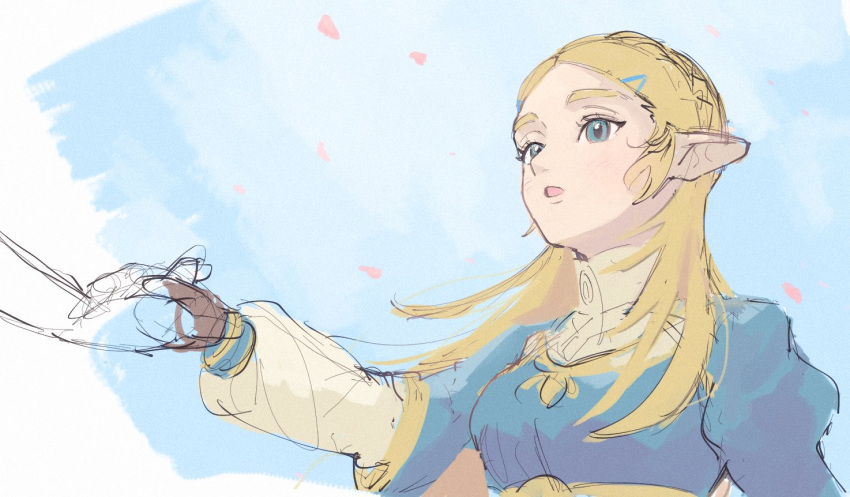 1girl, blonde_hair, blue_eyes, blue_shirt, braid, breasts, brown_gloves, fingerless_gloves, gloves, hair_ornament, hairclip, hand_up, long_hair, long_sleeves, medium_breasts, open_mouth, parted_bangs, pointy_ears, princess_zelda, shirt, simple_background, sketch, solo, the_legend_of_zelda, the_legend_of_zelda:_breath_of_the_wild, white_background, yamori_(yamoooon21)