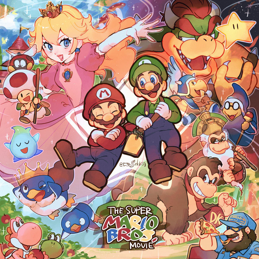 1girl, 6+boys, absurdres, apple, blonde_hair, blue_eyes, bowser, bracelet, breasts, brown_hair, cape, character_request, copyright_name, crown, donkey_kong, dress, earrings, facial_hair, food, fruit, gloves, hanaon, happy, hat, highres, holding, horns, jewelry, kamek, king_penguin_(mario), koopa_troopa, long_hair, looking_at_viewer, luigi, mario, multiple_boys, mustache, necktie, open_mouth, ponytail, princess_peach, princess_peach's_castle, red_cape, redhead, sharp_teeth, short_hair, smile, spiked_bracelet, spikes, starman_(mario), super_mario_bros., teeth, the_super_mario_bros._movie, toad_(mario), white_gloves