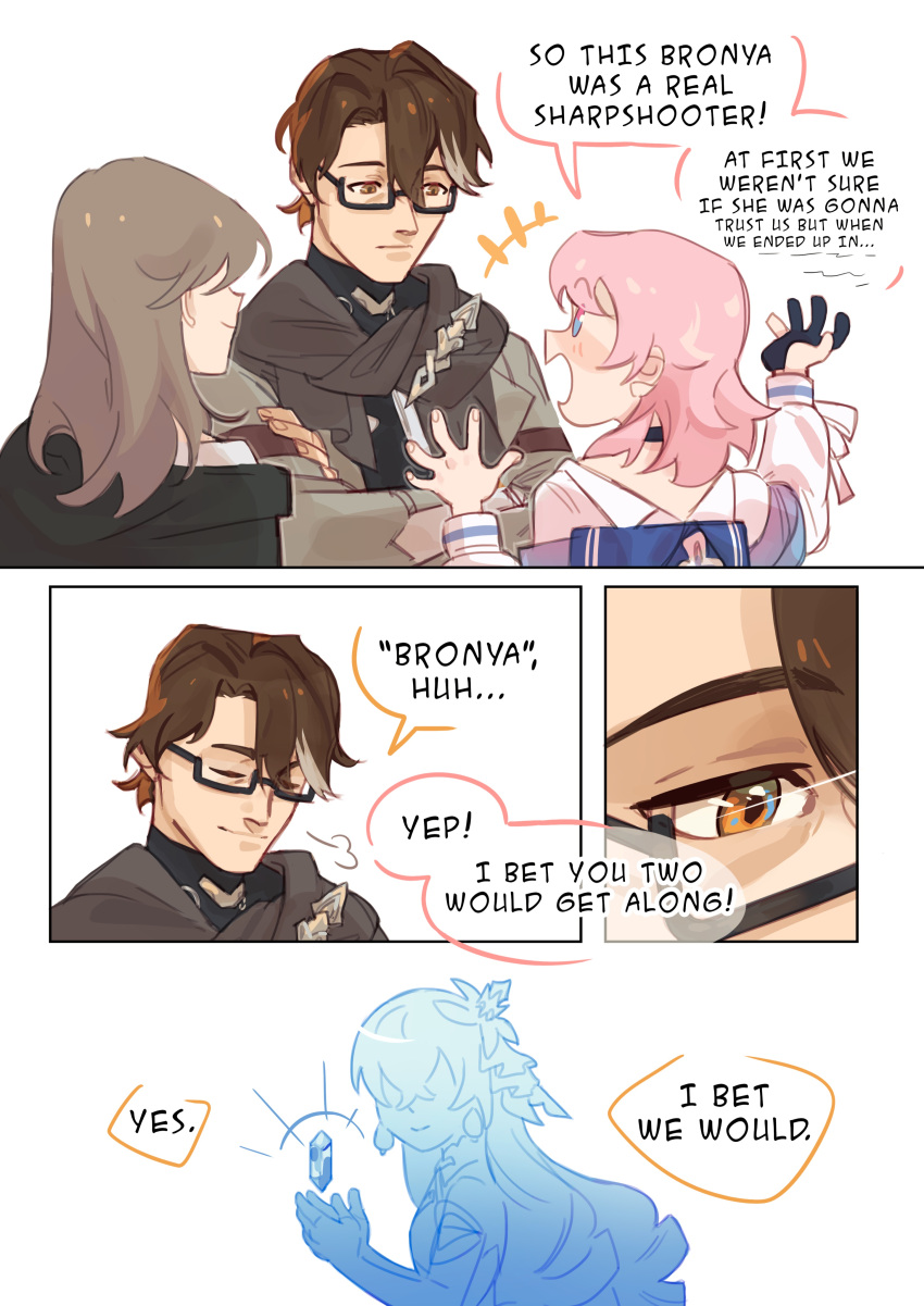 +++, 1boy, 3girls, absurdres, artist_request, blue_eyes, bronya_zaychik, bronya_zaychik_(herrscher_of_reason)