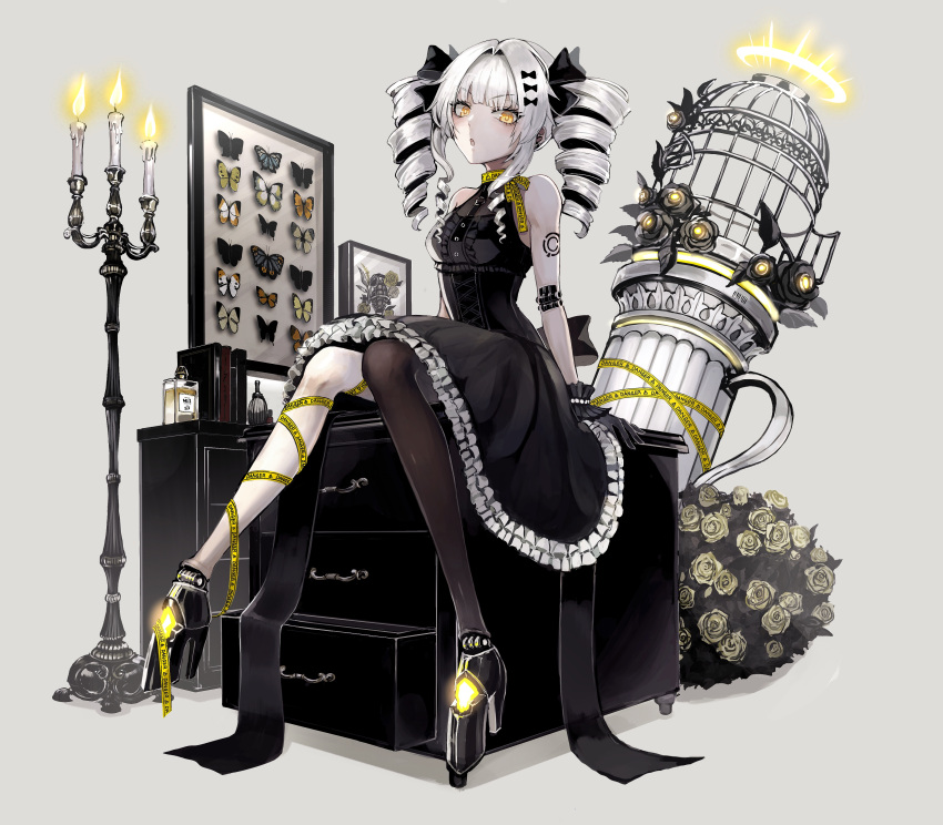 1girl, absurdres, asymmetrical_legwear, bare_shoulders, black_dress, black_ribbon, black_robe, black_thighhighs