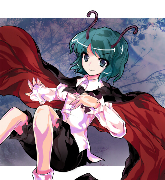 androgynous, antennae, aqua_eyes, bad_id, cape, green_hair, jyuri_otoko, parody
