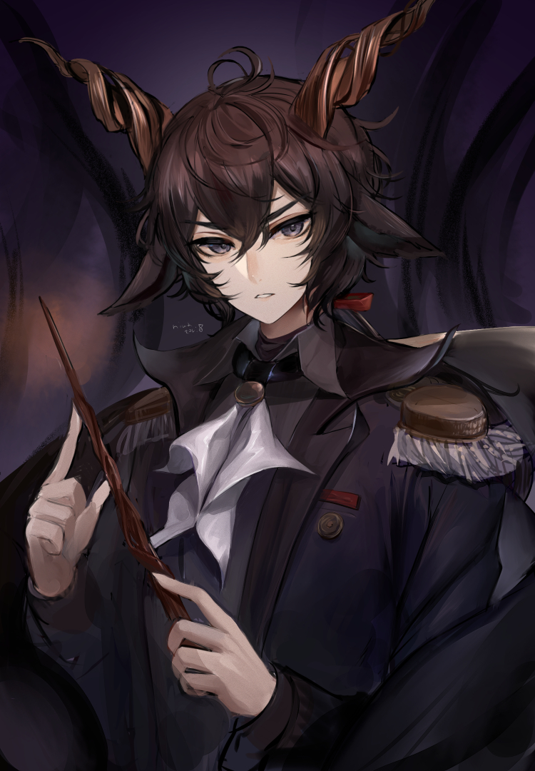 1boy, animal_ears, arknights, ascot, black_jacket, black_shirt, brown_eyes, brown_hair, collared_jacket, collared_shirt, dress_shirt, ebenholz_(arknights), epaulettes, goat_boy, goat_ears, goat_horns, holding, holding_wand, horns, jacket, lapels, male_focus, niwatori_(satoru0201), shirt, simple_background, solo, suit_jacket, upper_body, wand, white_ascot