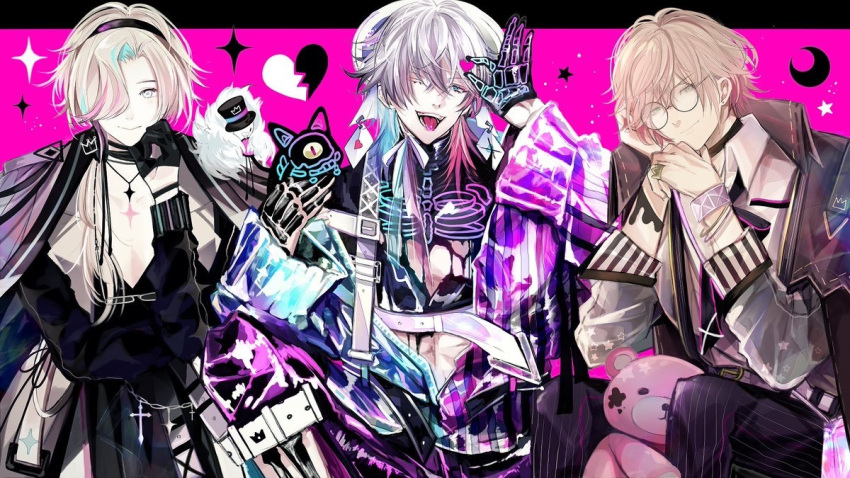 3boys, ;p, alternate_costume, animal_on_shoulder, aqua_hair, bangle, belt, bespectacled