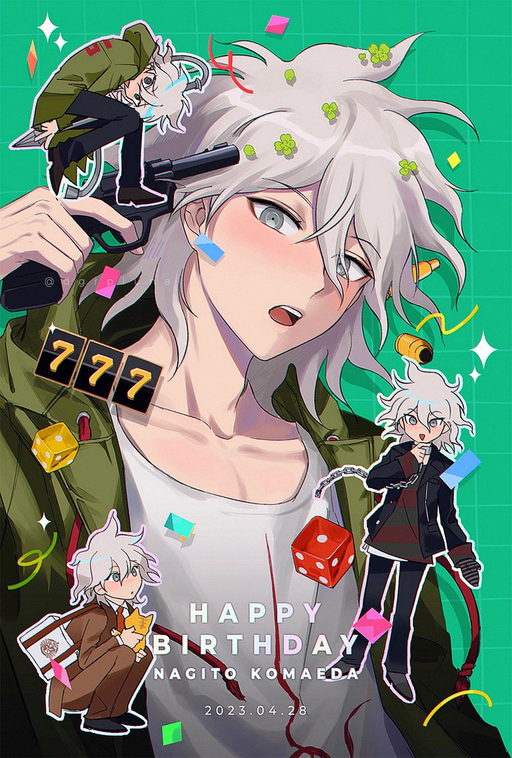 1boy, black_jacket, black_pants, boleum_(dgrpluna), brown_jacket, brown_pants, chain, character_name, danganronpa_(series), danganronpa_2:_goodbye_despair, dated, dice, green_background, green_jacket, grey_eyes, gun, happy_birthday, highres, holding, holding_gun, holding_weapon, jacket, komaeda_nagito, looking_at_viewer, male_focus, medium_hair, open_mouth, pants, revolver, school_uniform, shell_casing, shirt, upper_body, weapon, white_hair, white_shirt