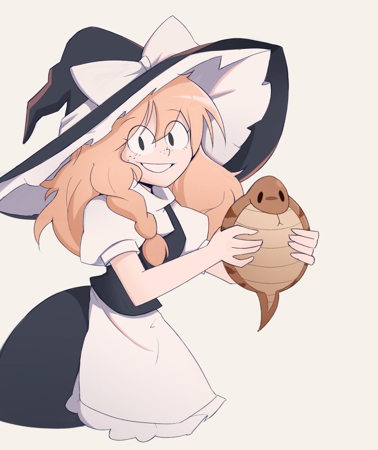 1girl, animal, apron, black_dress, black_skirt, blonde_hair, dress, freckles