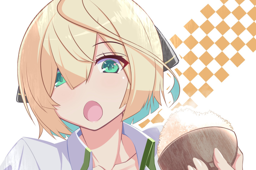 1girl, aqua_eyes, blonde_hair, bow, bowl, checkered_background, close-up, collarbone