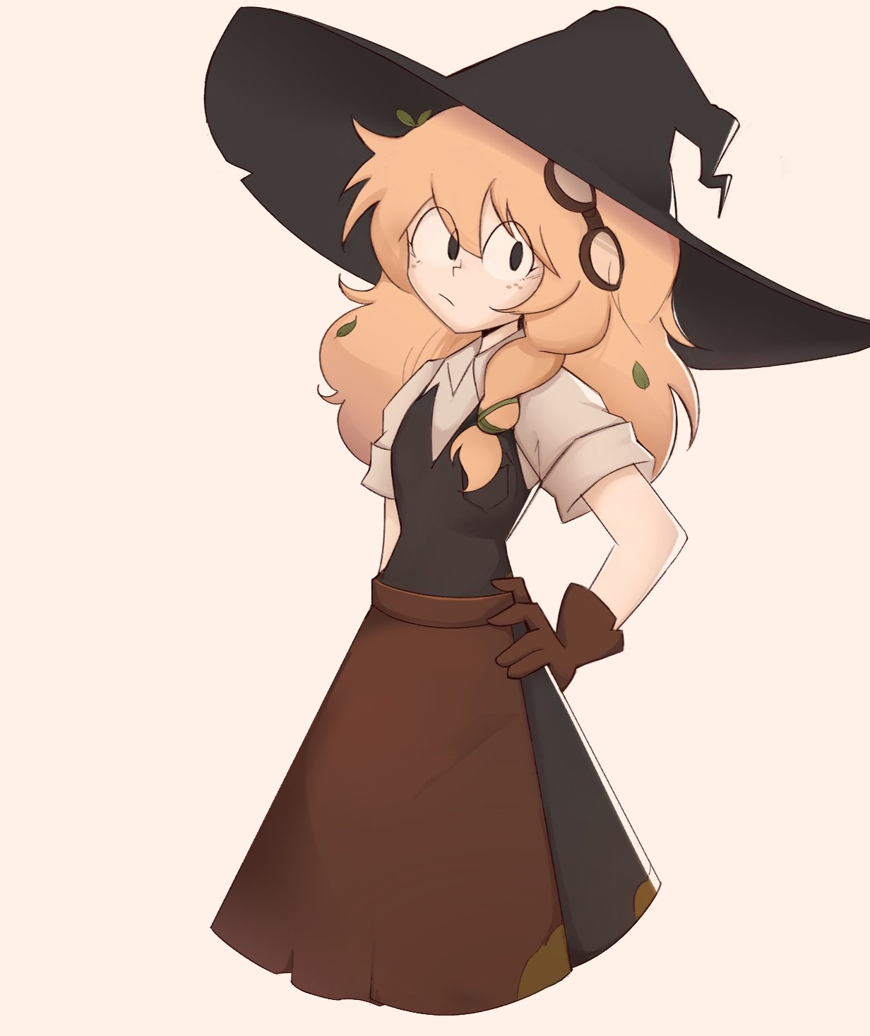 1girl, apron, black_dress, black_skirt, blonde_hair, brown_apron, brown_gloves, dress