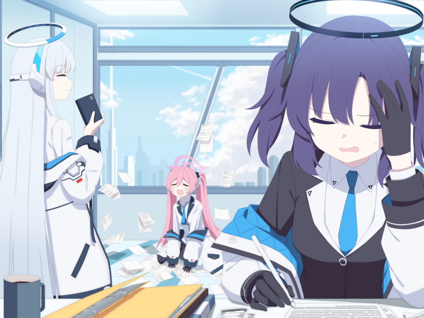 3girls, absurdres, aimpoleume, black_gloves, black_jacket, blue_archive, blue_necktie, closed_eyes