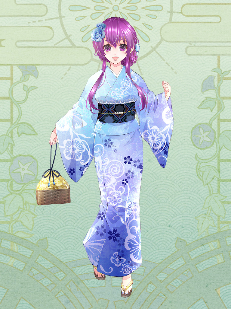 1girl, :d, bag, blue_kimono, blue_nails, dairoku_ryouhei, floral_print, flower