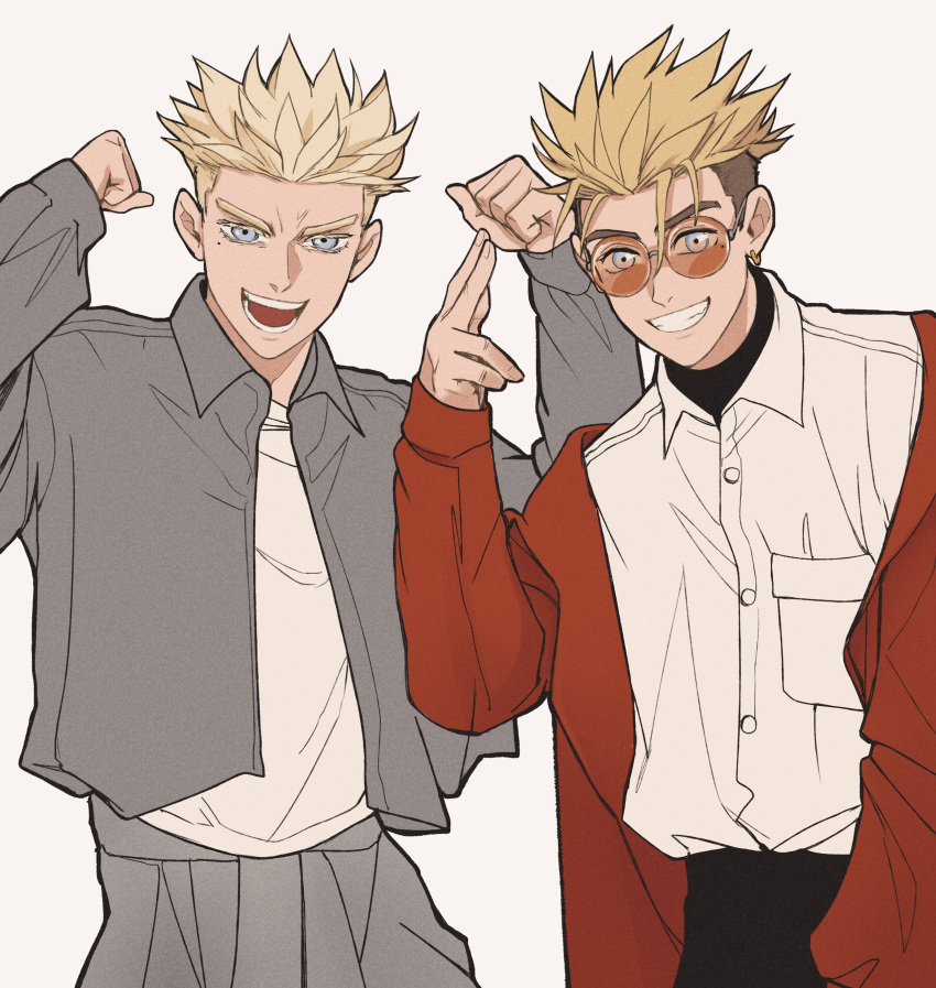 2boys, :d, absurdres, arms_up, black_pants, blonde_hair, blue_eyes, breast_pocket