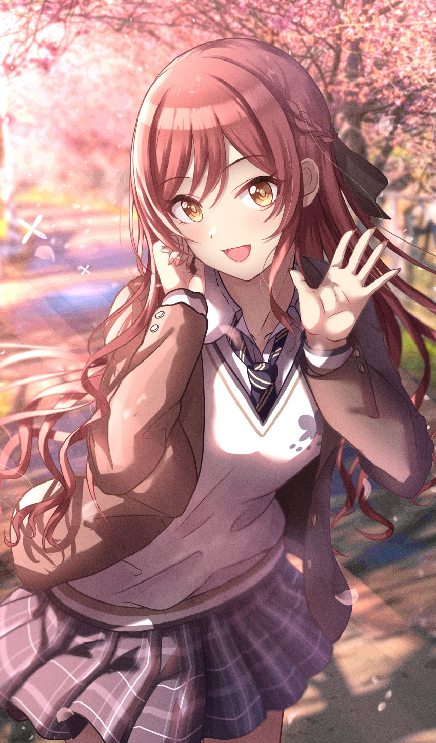 1girl, absurdres, black_ribbon, blue_necktie, blurry, blurry_background, blush, braid