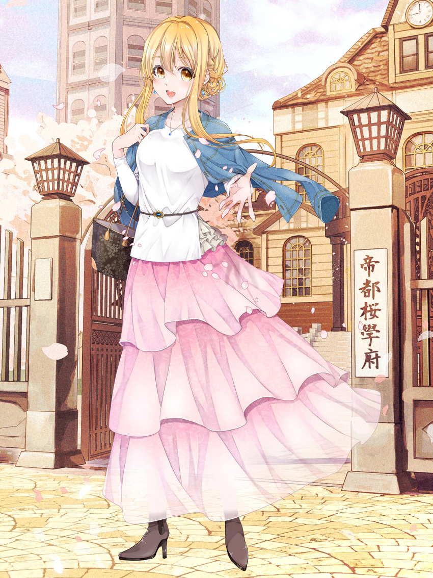 1girl, :d, bag, black_footwear, blonde_hair, blue_jacket, building, dairoku_ryouhei, day, earrings, erisha_paltier, handbag, high_heels, highres, jacket, jacket_on_shoulders, jewelry, long_hair, long_skirt, long_sleeves, looking_at_viewer, necklace, outdoors, petals, pink_skirt, shima_(shima46653800), shirt, skirt, smile, solo, standing, white_shirt, wind, yellow_eyes