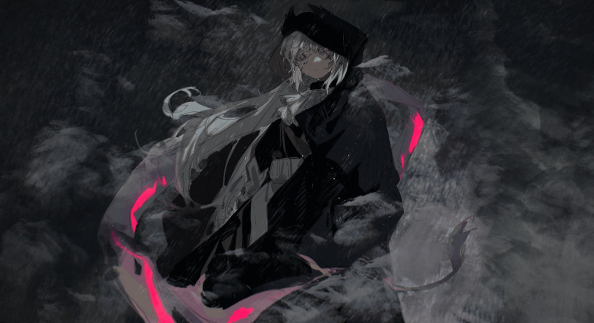 1girl, arknights, black_cape, black_jacket, black_skirt, cape, grey_eyes, grey_hair, head_wings, highres, hood, hood_up, irene_(arknights), jacket, long_hair, looking_at_viewer, pallor, pink_ribbon, rain, ribbon, scar, scar_on_face, skirt, solo, storm, very_long_hair, wings