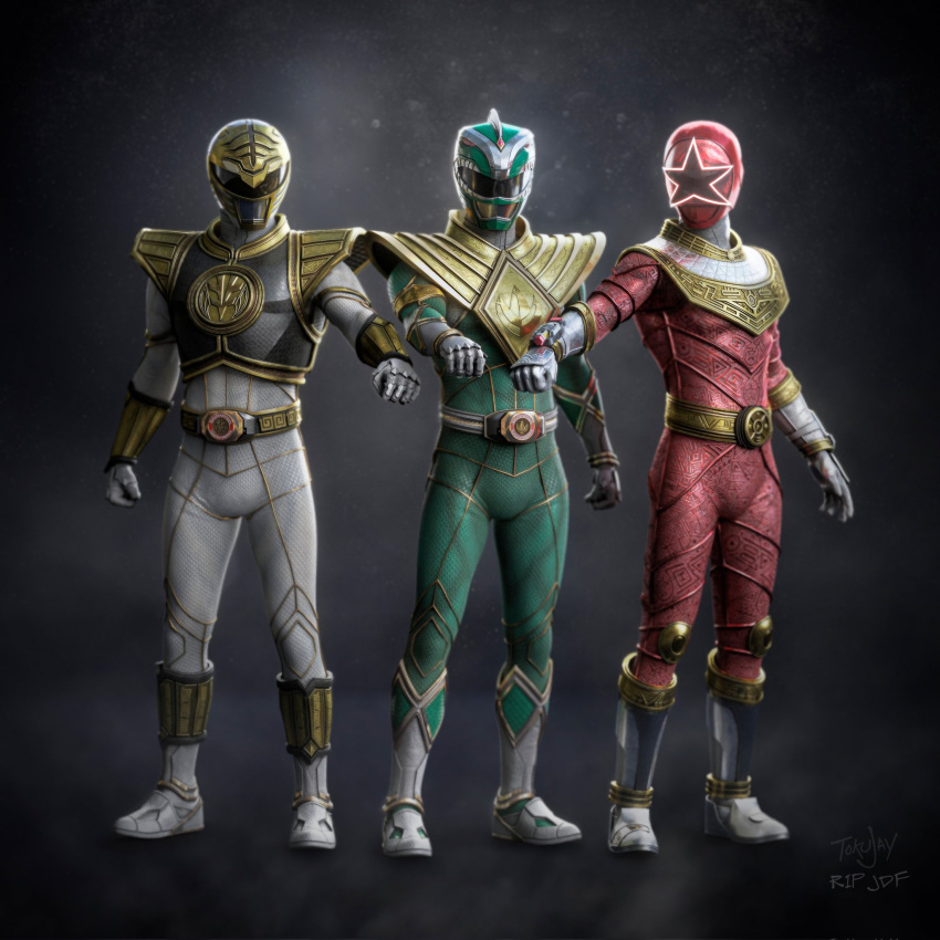 3boys, 3d, arm_guards, armor, artist_name, belt, bodysuit, boots, gloves, gold_armor, gold_trim, golden_arms, green_bodysuit, green_ranger, helmet, highres, holding, jason_david_frank, mighty_morphin_power_rangers, multiple_boys, power_rangers, power_rangers_zeo, red_bodysuit, shoulder_armor, standing, the_shield_(wwe), the_shield_pos_(wwe), time_paradox, tokujay, tokusatsu, twitter_username, white_bodysuit, white_ranger, wwe, zeo_ranger_v_red