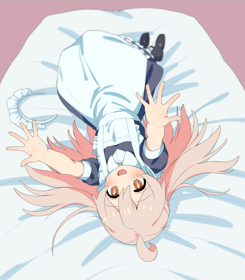1girl, ahoge, alternate_costume, apron, bed, black_dress, black_footwear, blush
