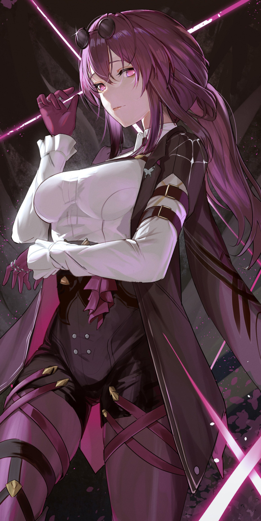 1girl, absurdres, black_jacket, blush, breasts, eyewear_on_head, gloves, high-waist_shorts