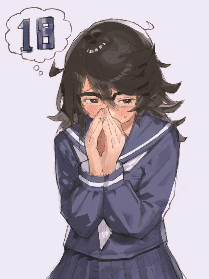 1girl, absurdres, black_sailor_collar, black_shirt, black_skirt, blush, brown_eyes, brown_hair