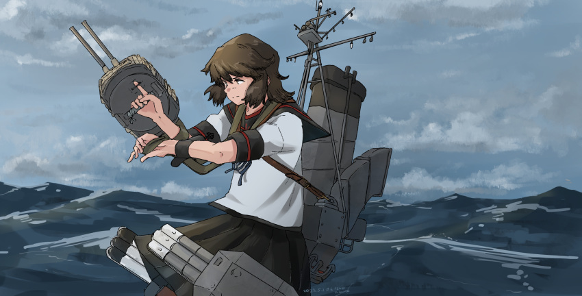 1girl, adapted_turret, black_hair, black_sailor_collar, black_skirt, brown_eyes, cannon, clouds