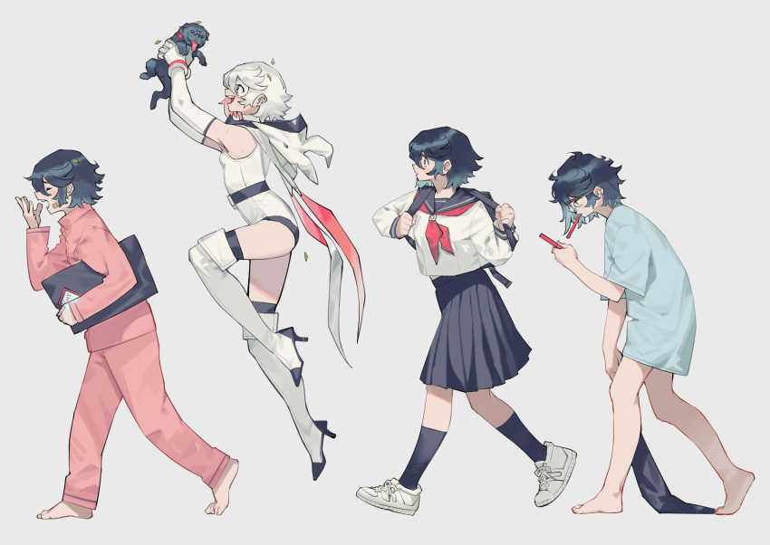 1girl, :d, animal, backpack, bag, bare_legs, barefoot, black_bag