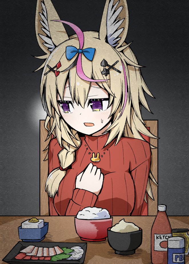 1girl, alternate_costume, animal_ear_fluff, animal_ears, black_hair, blonde_hair, blue_bow, bow, bowl, braid, casual, chair, commentary, dot_nose, double-parted_bangs, food, fox_ears, fox_girl, grey_background, hair_between_eyes, hair_bow, hair_ornament, hair_over_shoulder, hand_on_own_chest, hand_up, hololive, jewelry, ketchup, light_blush, long_sleeves, looking_away, mashio, mayonnaise, medium_hair, multicolored_hair, necklace, omaru_polka, open_mouth, pepper, photoshop_(medium), pink_hair, pov_across_table, red_sweater, ribbed_sweater, rice, sashimi, side_braid, sidelocks, simple_background, sitting, solo, streaked_hair, sweatdrop, sweater, table, tofu, turtleneck, violet_eyes, virtual_youtuber, x_hair_ornament