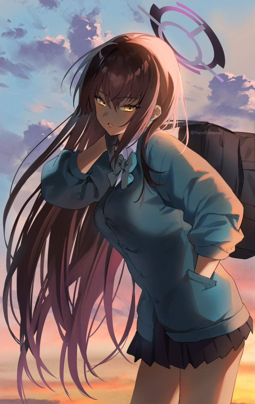 1girl, bag, black_hair, black_skirt, blue_archive, blue_sky, blue_sweater, breasts