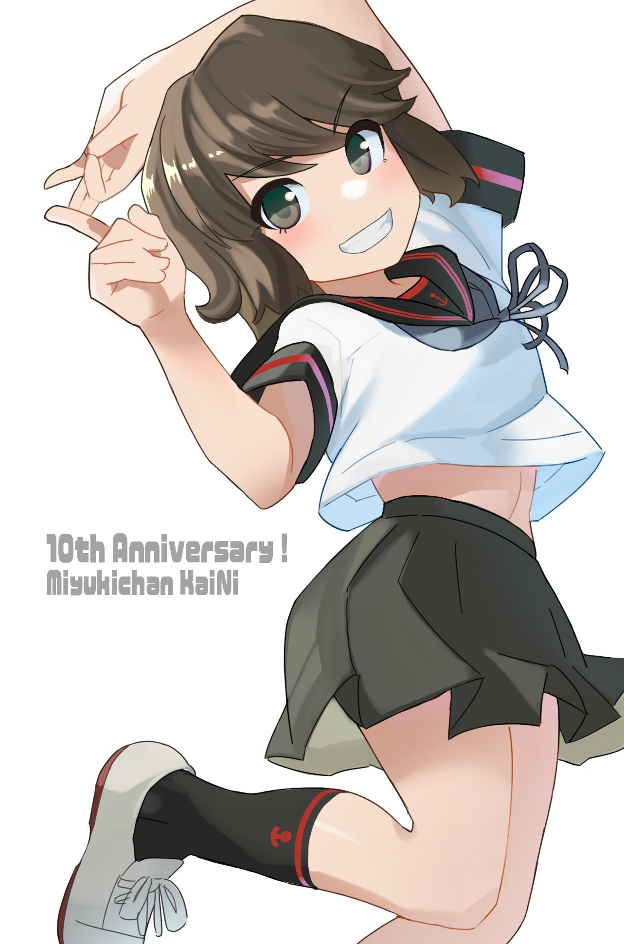 1girl, anniversary, black_hair, black_sailor_collar, black_skirt, black_socks, brown_eyes, character_name