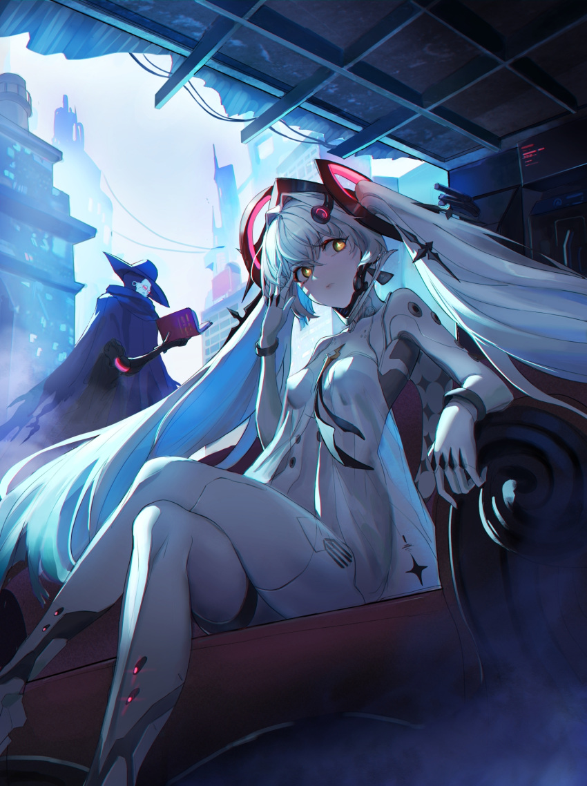 1boy, 1girl, bodysuit, book, bracelet, breasts, cityscape, closed_mouth, cross-shaped_pupils, earrings, floating, floating_hair_ornament, floating_object, gabriel_(punishing:_gray_raven), grey_bodysuit, grey_hair, highres, holding, holding_book, ice_(icepuli), jewelry, long_hair, luna_(punishing:_gray_raven), mask, mechanical_arms, mechanical_legs, orange_eyes, punishing:_gray_raven, reading, skull_mask, small_breasts, symbol-shaped_pupils, thigh_strap, twintails