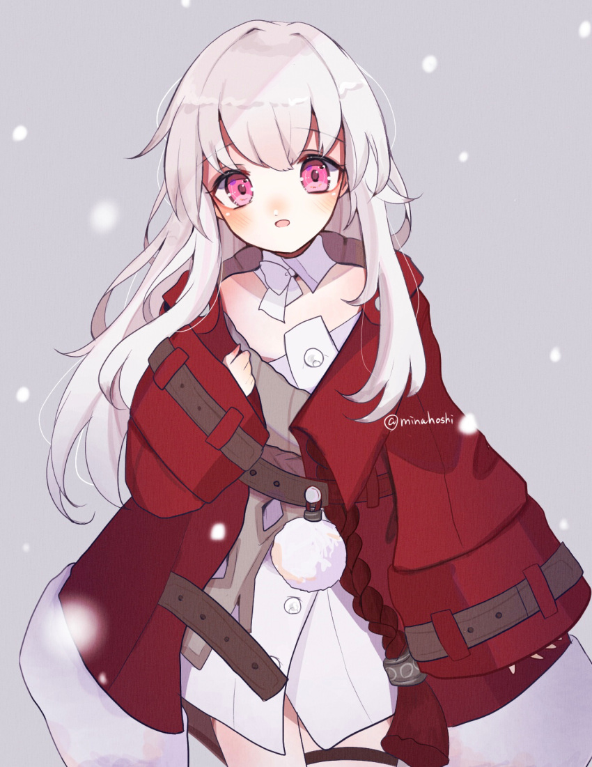 1girl, artist_name, clara_(honkai:_star_rail), collar, commentary, cowboy_shot, detached_sleeves, grey_background