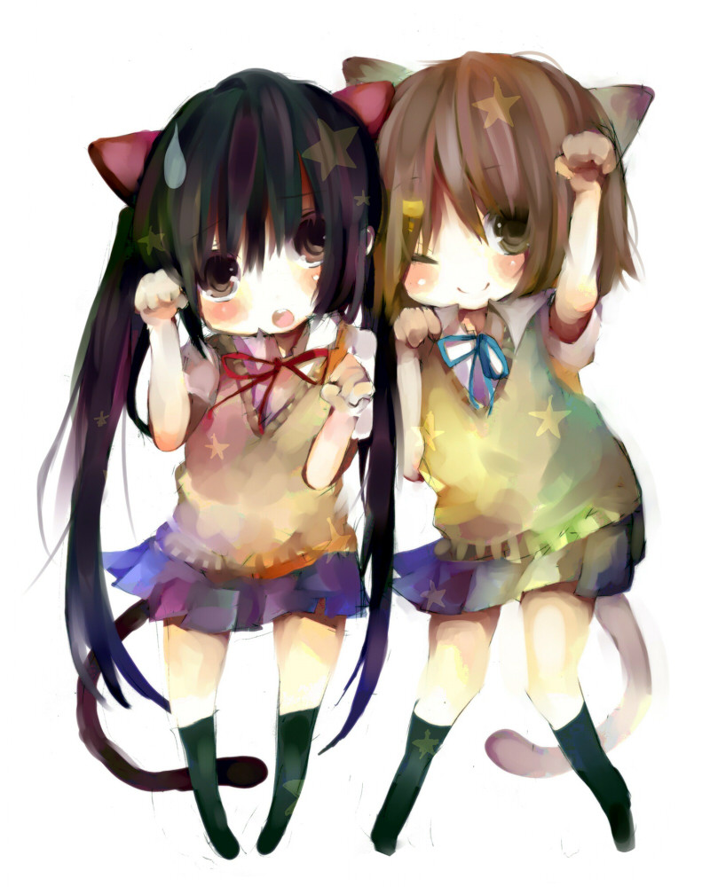 black_hair, brown_eyes, brown_hair, cat_ears, cat_pose, cat_tail, hair_ornament, hairclip
