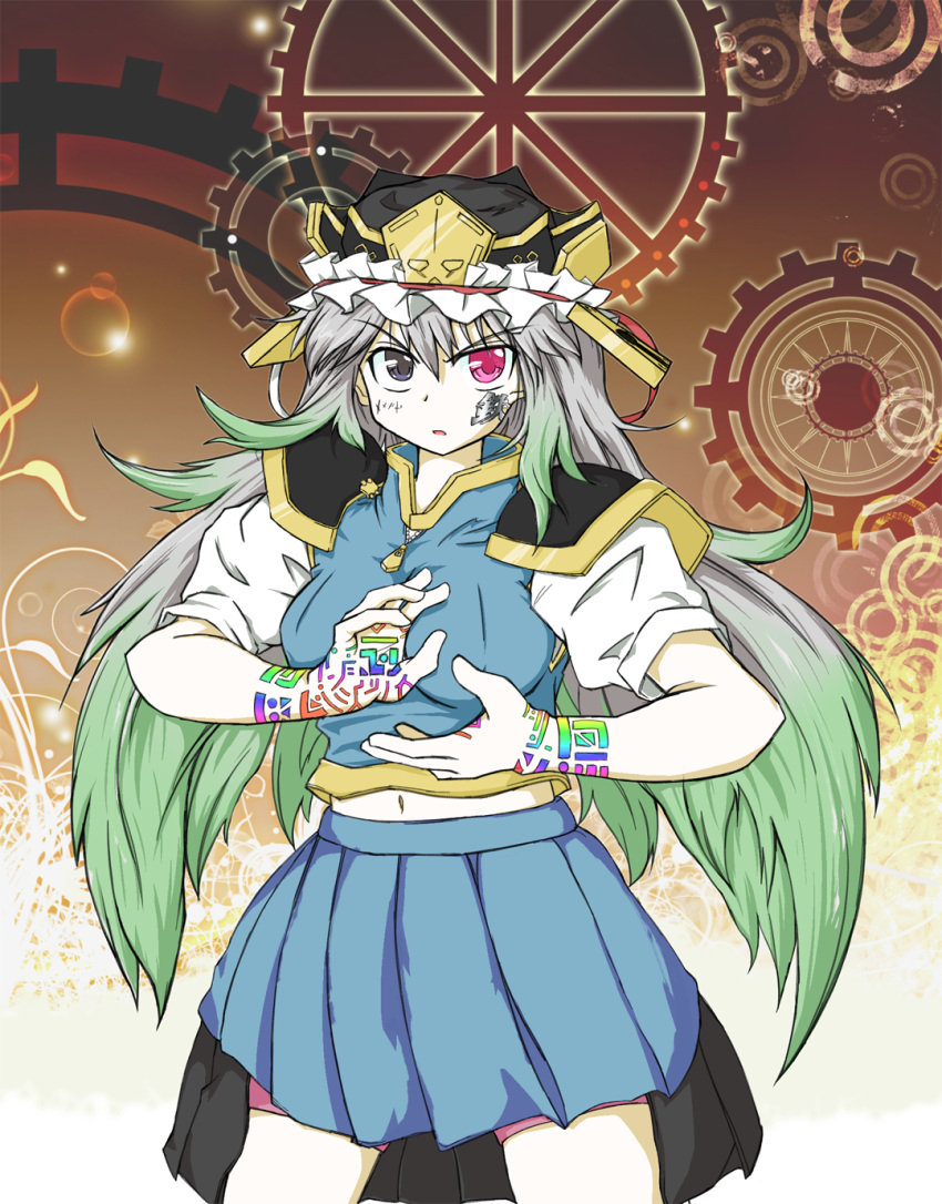glyph, gradient_hair, green_hair, grey_hair, hat, heterochromia, highres, long_hair