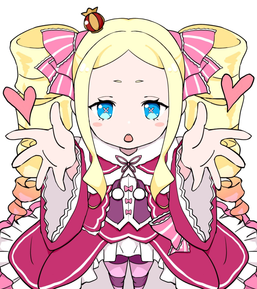 1girl, beatrice_(re:zero), blonde_hair, blue_eyes, blush_stickers, chestnut_mouth, dress, drill_hair, feet_out_of_frame, frills, hair_ribbon, heart, highres, long_hair, looking_at_viewer, prmsub, re:zero_kara_hajimeru_isekai_seikatsu, reaching_towards_viewer, red_dress, ribbon, sidelocks, simple_background, solo, striped, striped_thighhighs, symbol-shaped_pupils, thigh-highs, twin_drills, twintails, white_background