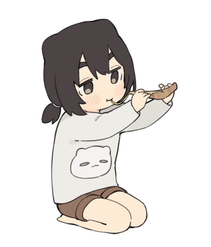 1girl, :t, barefoot, black_hair, blush, brown_eyes, brown_shorts, cheese_trail, closed_mouth, eating, eyebrows_hidden_by_hair, food, full_body, grey_shirt, holding, holding_food, long_sleeves, looking_away, low_ponytail, neko_to_chiyo, pizza, pizza_slice, ponytail, print_shirt, seiza, seramikku, shirt, short_eyebrows, short_shorts, shorts, simple_background, sitting, solo, thick_eyebrows, white_background