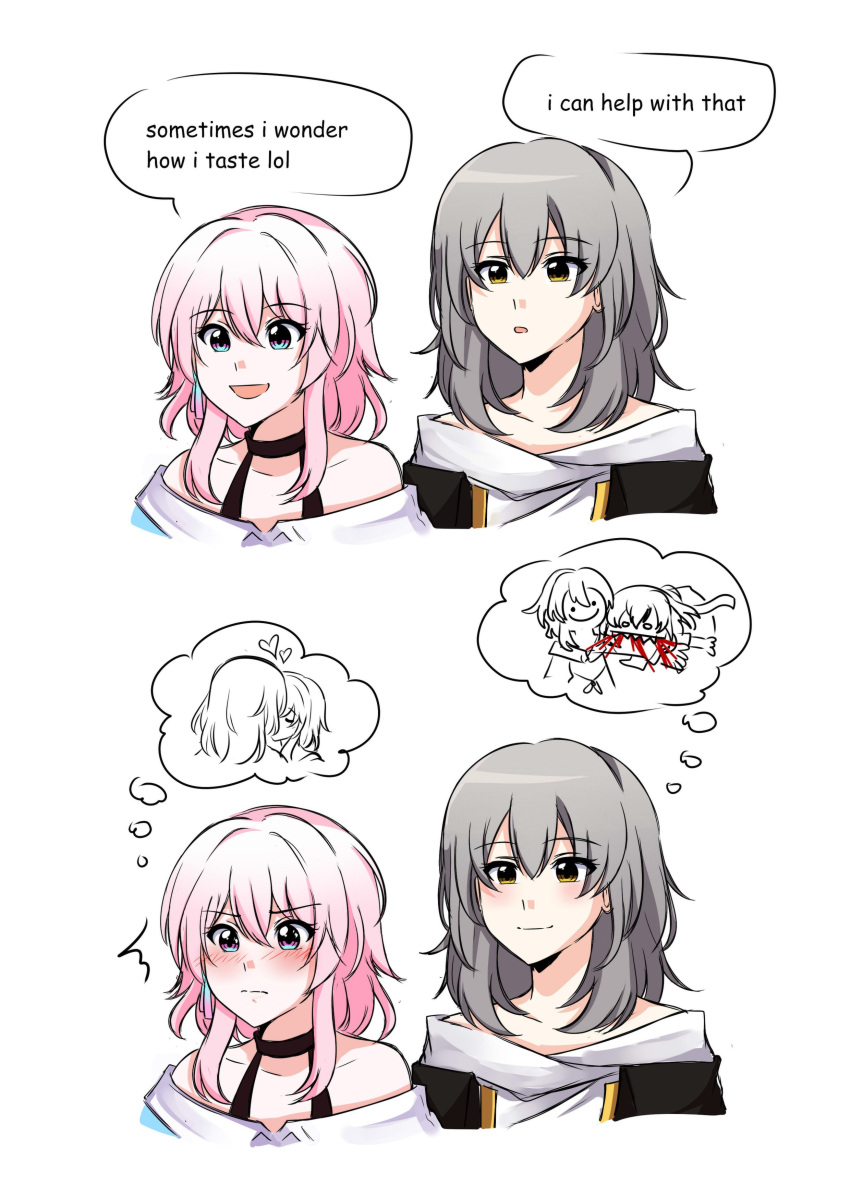 2girls, ^^^, absurdres, bare_shoulders, biting_arm, black_choker, black_jacket, blood, blue_eyes, blue_jacket, blush, choker, comic_sans, earrings, english_commentary, english_text, grey_hair, hair_between_eyes, highres, honkai:_star_rail, honkai_(series), jacket, jewelry, kiss, march_7th_(honkai:_star_rail), medium_hair, multiple_girls, pink_eyes, pink_hair, portrait, rissuuu, shirt, simple_background, single_earring, smile, speech_bubble, stelle_(honkai:_star_rail), thought_bubble, trailblazer_(honkai:_star_rail), two-tone_eyes, white_background, white_shirt, yellow_eyes, yuri