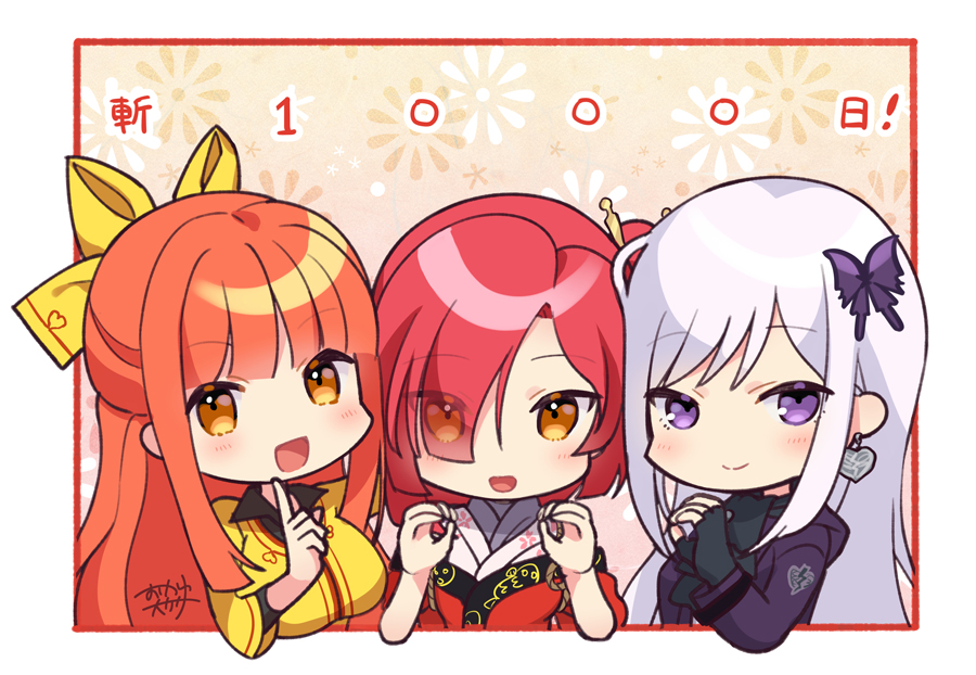 3girls, ascot, black_ascot, black_gloves, bow, butterfly_hair_ornament, chibi, chiyoganemaru_(tenka_hyakken), earrings, eyes_visible_through_hair, fingerless_gloves, gloves, hair_ornament, index_finger_raised, jacket, japanese_clothes, jewelry, kimono, light_purple_hair, long_hair, long_sleeves, milestone_celebration, multiple_girls, name_connection, okanoyuno, orange_hair, purple_jacket, red_kimono, redhead, senji_muramasa_(tenka_hyakken), senningiri, shirt, signature, tenka_hyakken, violet_eyes, yellow_bow, yellow_eyes, yellow_shirt
