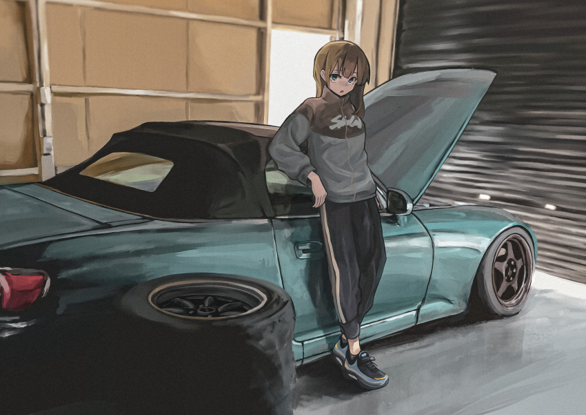 1girl, absurdres, black_pants, bokuya, brown_hair, car, full_body, garage