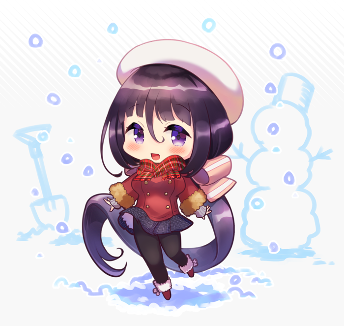 1girl, beret, black_thighhighs, blush, boots, buttons, chibi, coat, double-breasted, fur-trimmed_boots, fur-trimmed_coat, fur_trim, hair_ribbon, hat, ima-no-tsurugi_(tenka_hyakken), long_bangs, long_hair, official_alternate_costume, okanoyuno, open_mouth, plaid, plaid_scarf, ribbon, scarf, shovel, sidelocks, skirt, sleeves_past_wrists, snowing, snowman, standing, standing_on_one_leg, tenka_hyakken, thigh-highs, very_long_hair, violet_eyes, winter_clothes