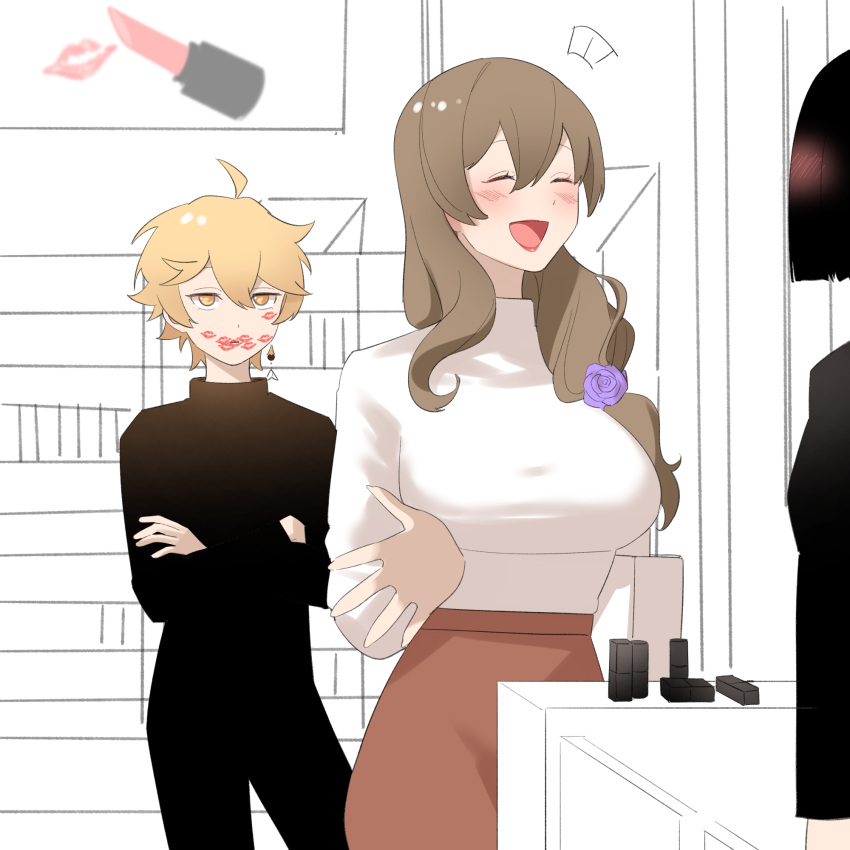 1boy, 2girls, aether_(genshin_impact), ahoge, blonde_hair, brown_hair, closed_eyes, dress, flower, genshin_impact, hair_flower, hair_ornament, hetero, highres, lipstick, lipstick_mark, lisa_(genshin_impact), long_hair, makeup, multiple_girls, open_mouth, pink_lips, smile, sweater, yuushiba