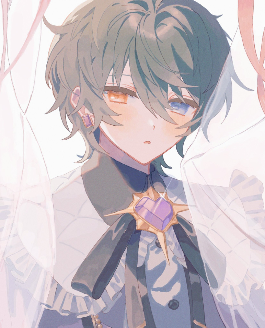 1boy, 88uhhi, black_hair, black_shirt, blue_eyes, blush, collared_shirt, ensemble_stars!, grey_shirt, heterochromia, highres, idol_clothes, kagehira_mika, long_sleeves, male_focus, orange_eyes, parted_lips, red_ribbon, ribbon, shirt, short_hair, solo
