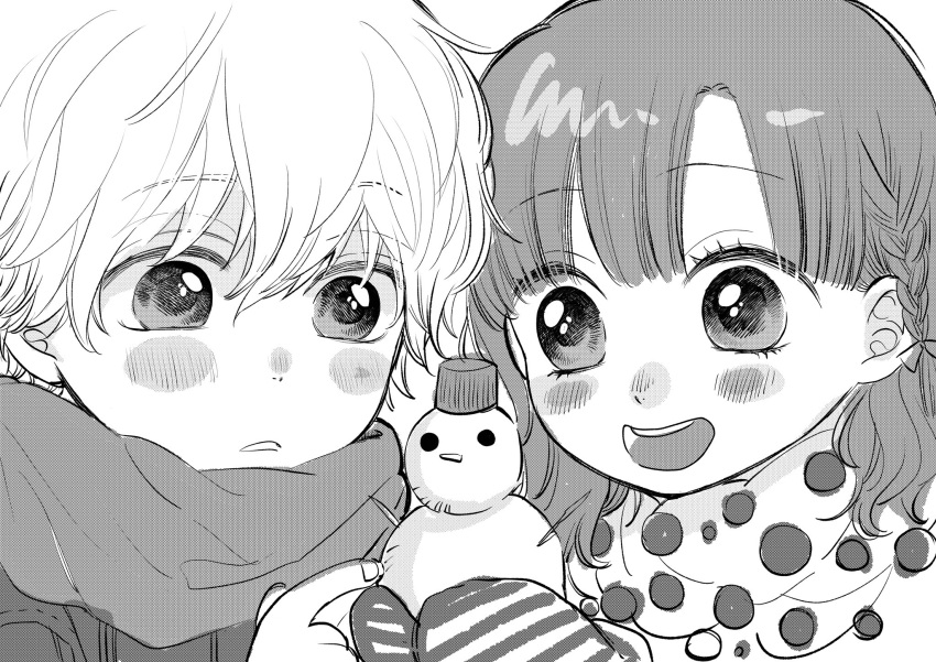 1boy, 1girl, aged_down, blunt_bangs, blush, blush_stickers, braid, commentary