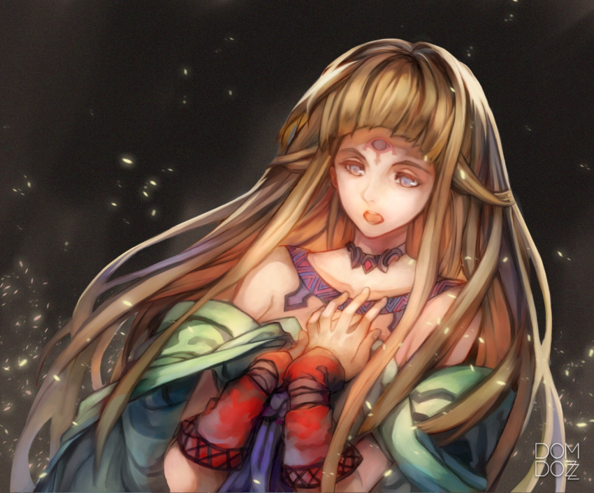 1girl, armband, bare_shoulders, blue_eyes, brown_hair, dom-dozz, dress, hands_on_own_chest, jewelry, long_hair, shiho_(valkyrie_profile), solo_focus, valkyrie_profile, very_long_hair
