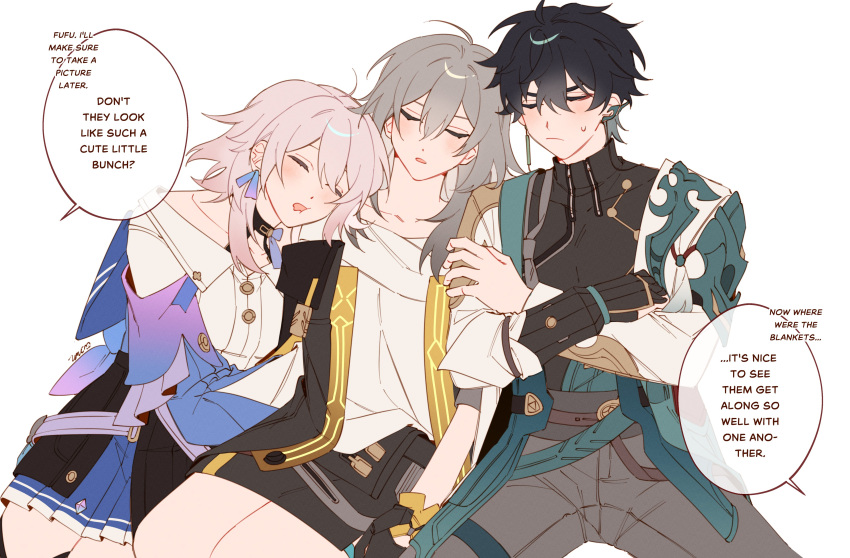 1boy, 2girls, absurdres, black_hair, blush, closed_eyes, crossed_arms, dan_heng_(honkai:_star_rail)